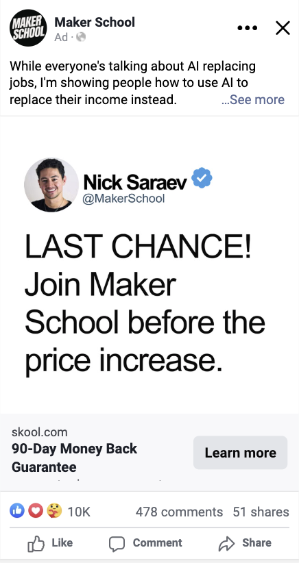 Concept sample ad for a maker school, built around an upcoming price increase